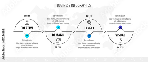 Vector line infographics template for four arrows and icons. Business concept with 4 elements. Modern blank space for chart, content, step for step, timeline, diagram, web