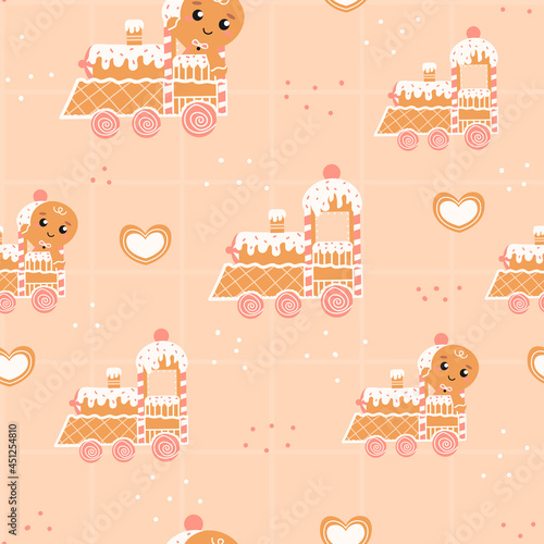 Gingerman seamless pattern with cookie locomotive on light yellow background, checked ornate for christmas wrapping paper or cute surface design, textile ornate for kids in cartoon style