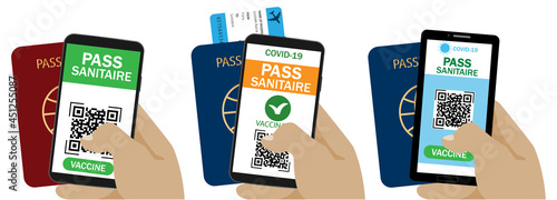 Pass sanitaire. Qr code.Covid 19 passport.Vector immunity passport .Vaccine or immune passport.Set of hand holding smartphone with pass sanitaire and vaccination certificate