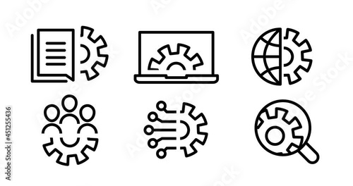 A 4K illustration of an icon set of engineering, development, and innovation in outline design, animated on a white background