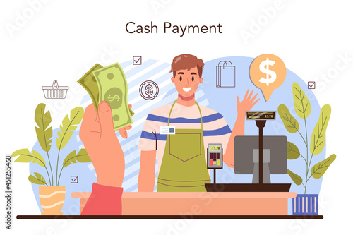 Commercial activities process. Moderm payment system. Cash payment