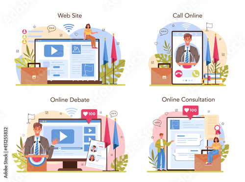 Politician online service or platform set. Election and democratic governance