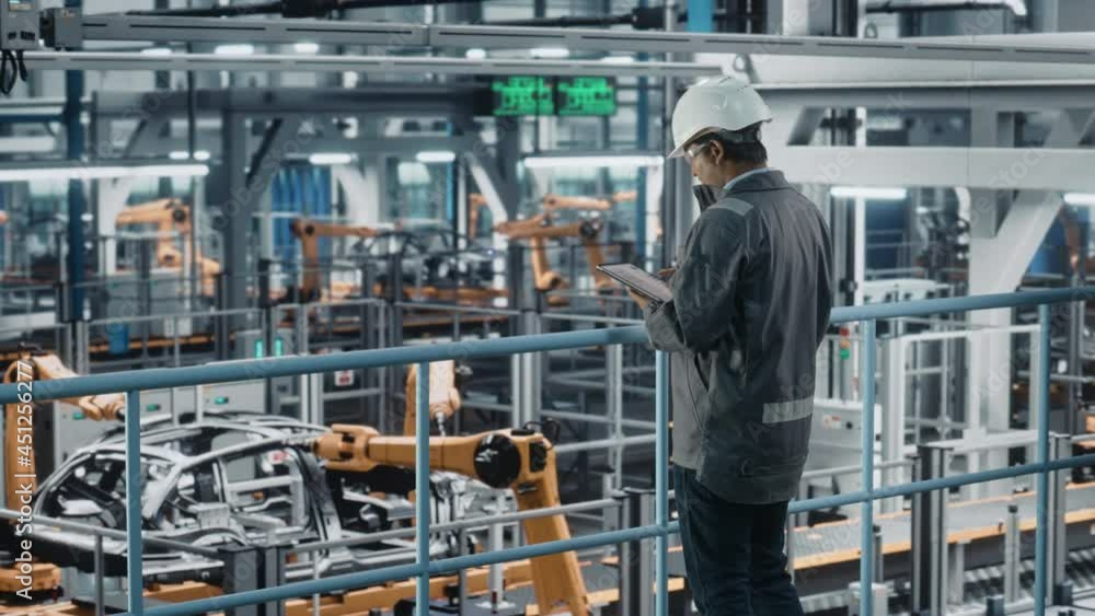 Multiethnic Car Factory Engineer in Work Uniform Using Tablet Computer. Automotive Industrial Manufacturing Facility Working on Vehicle Production with Robotic Arms. Automated Assembly Plant. Multiethnic Car Factory Engineer in Work Uniform Using Tablet Computer. Automotive Industrial Manufacturing Facility Working on Vehicle Production with Robotic Arms. Automated Assembly Plant.