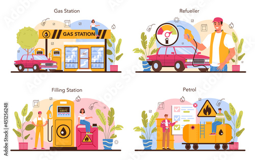 Refueler concept set. Gas station worker in uniform working
