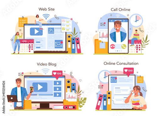 Secretary online service or platform set. Receptionist answering calls