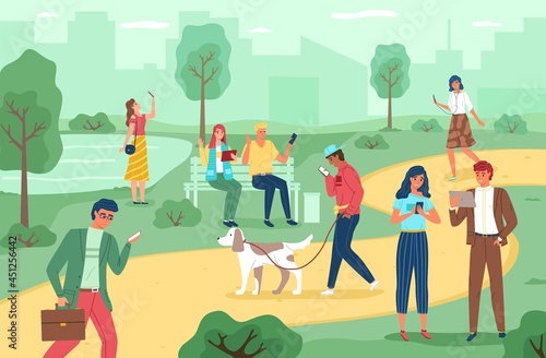 People with gadgets in park. Men and women spend time in city garden using electronic devices, walking outdoors with phones and tablets. Walkers in summer park vector cartoon concept