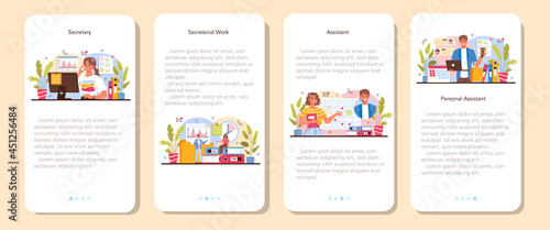 Secretary mobile application banner set. Receptionist answering calls