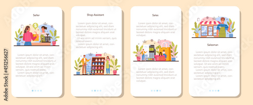 Seller mobile application banner set. Professional worker in the supermarket