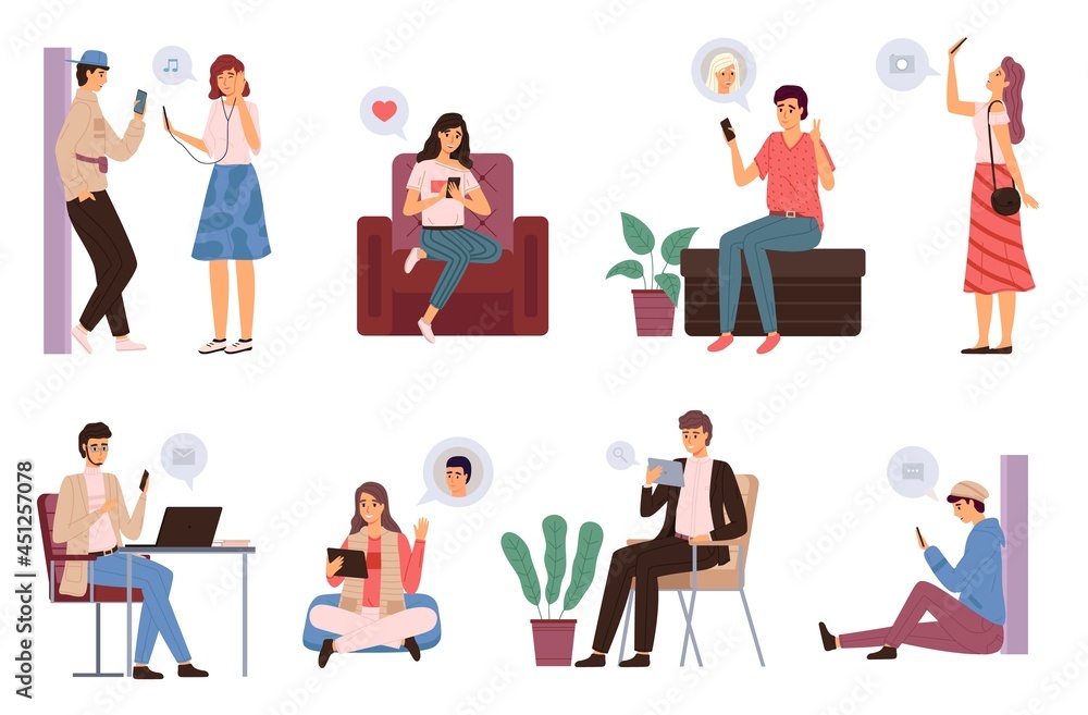 People surfing internet. Men and women spending time online using devices laptop, smartphones and tablets, addicted to gadgets. Characters texting, making selfie, chatting vector set