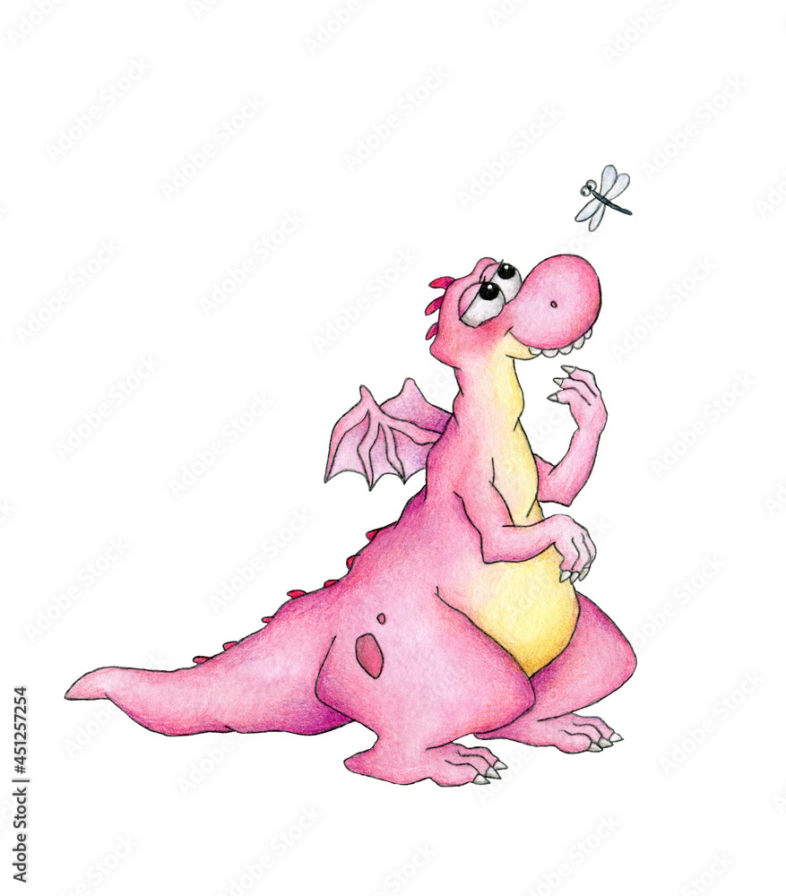 Cute pink lady dragon is interestedly looking on the dragonfly and smiling. Isolated on white background.