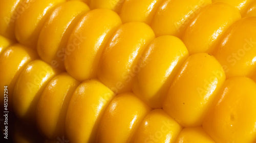 Delicious corn on the cob captured in an extreme close up with a macro lens. The brightly glowing yellow kernels form a recognizable pattern. The cob was quickly boiled in lightly salted water.