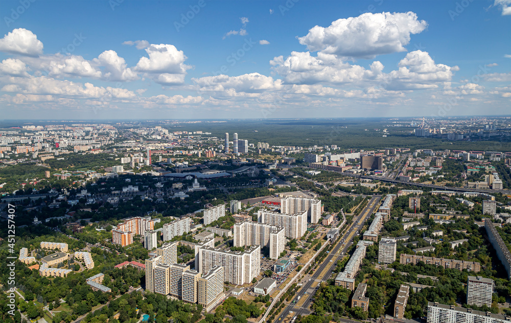 Spectacular aerial view (340 m) of Moscow, Russia. View from Ostankino television tower