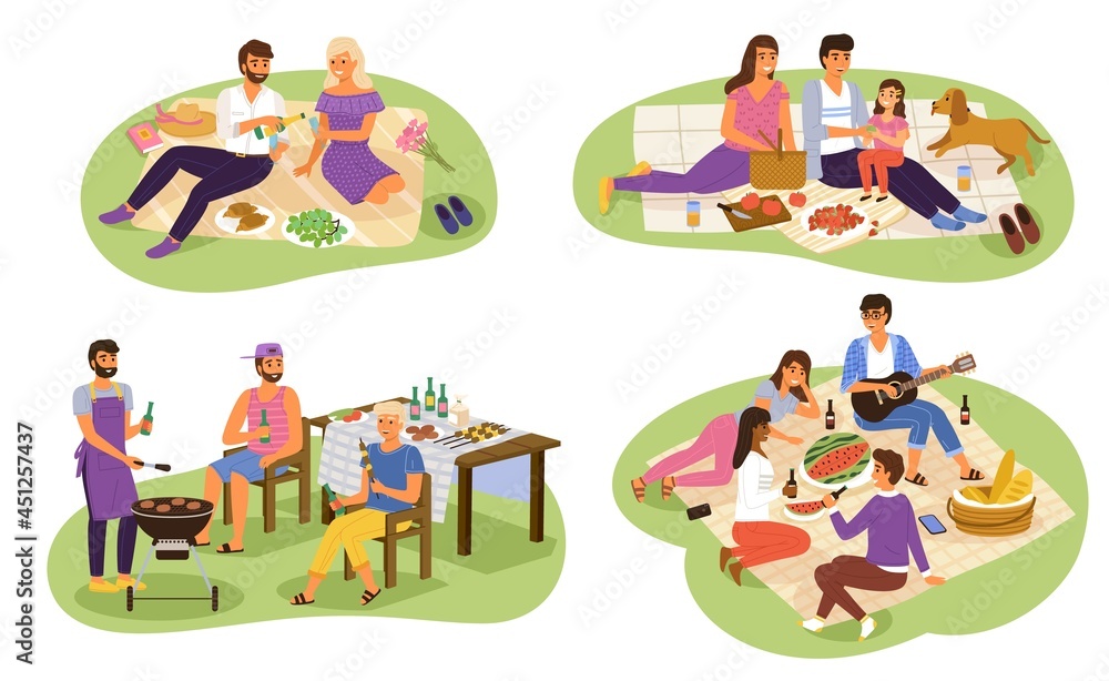 Fototapeta premium Picnic people. Happy groups young women and men have lunch on nature together, friends sitting in park, family outdoor eat and drink, bbq party, couple romantic date cartoon vector set