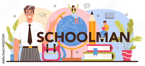 Schoolman typographic header. Professor giving a lesson in a classroom