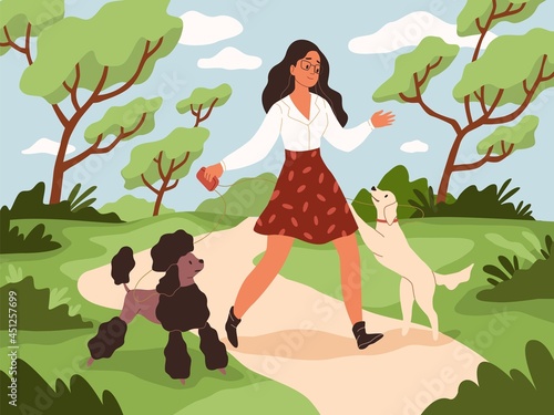 Walk with dog. Young woman and happy dogs on leashes in city park, owner and pets play outdoor, funny domestic animals on nature. Girl with poodle and labrador cartoon vector concept