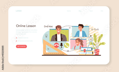 Teacher web banner or landing page. Professor giving a lesson in a classroom