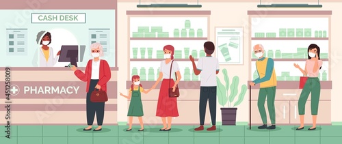 Pharmacy counter queue. People and pharmacist in medical masks waiting for turn at store, medical drugs seller at checkout, shelves and display cases with medicines in drugstore vector concept