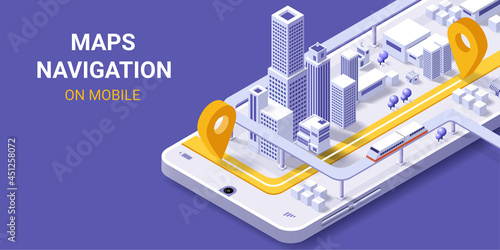 City map route navigation online on smartphone with point locator, City isometric plan with road and buildings, GPS, World Map. Isometric smart city concept. 3d vector illustration