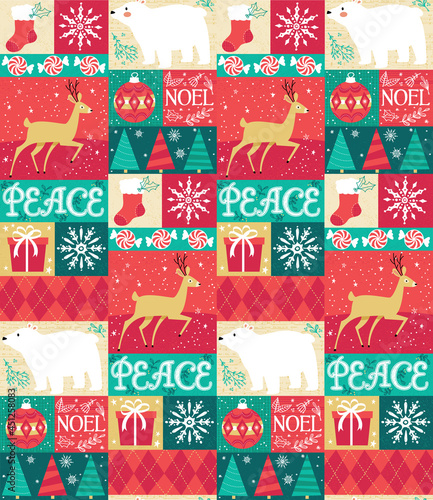 Adorable, rustic holiday seamless vector pattern featuring Christmas elements and characters in a folksy quilt motif. Repeating patterns are great for gift wrap, backgrounds, and packaging.