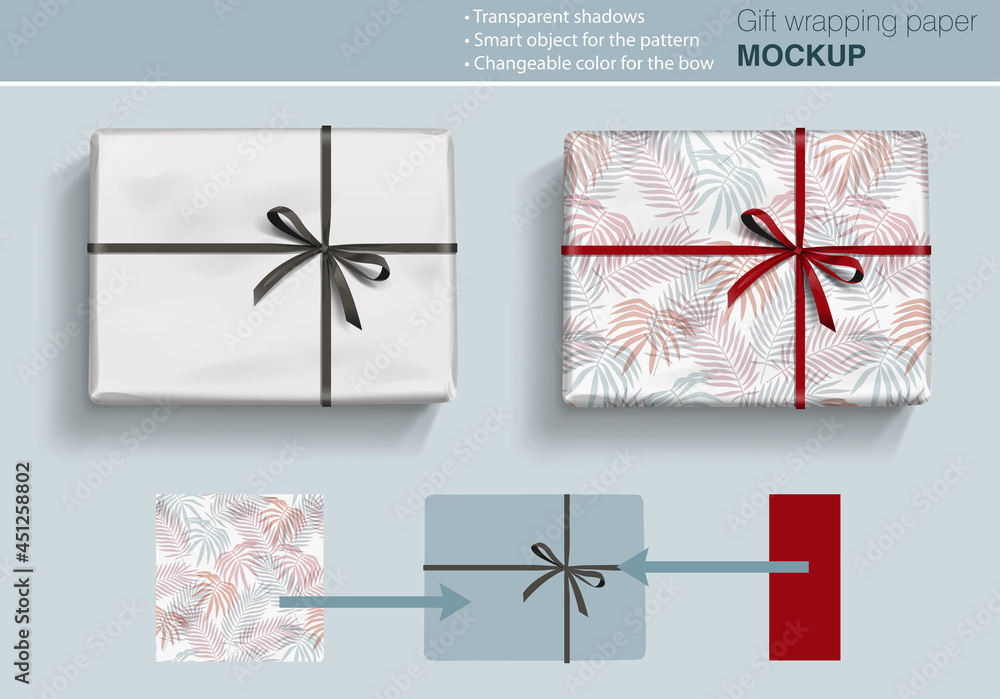 Vector gift paper box mock up with bow on light background with transparent shadows. Wrapping paper  template for your design - obrazy, fototapety, plakaty 