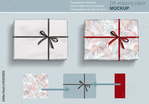 Vector gift paper box mock up with bow on light background with transparent shadows. Wrapping paper  template for your design