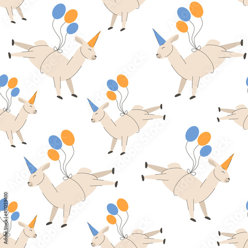 Birthday party llama in a cap flies on ballons seamless pattern with funny lamas alpacas for cover, wrapping paper, background