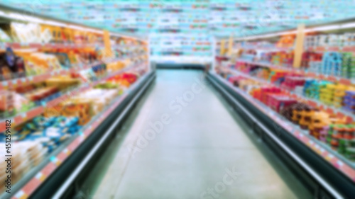 Abstract blur image of supermarket background. Defocused shelves with food. Dairy products. Grocery shopping. Store. Retail industry. Rack. Discount price. Inflation and economic crisis concept. Aisle