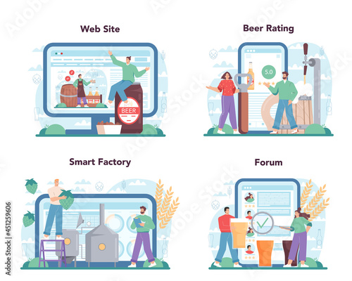 Brewery online service or platform set. Craft beer production, brewing process