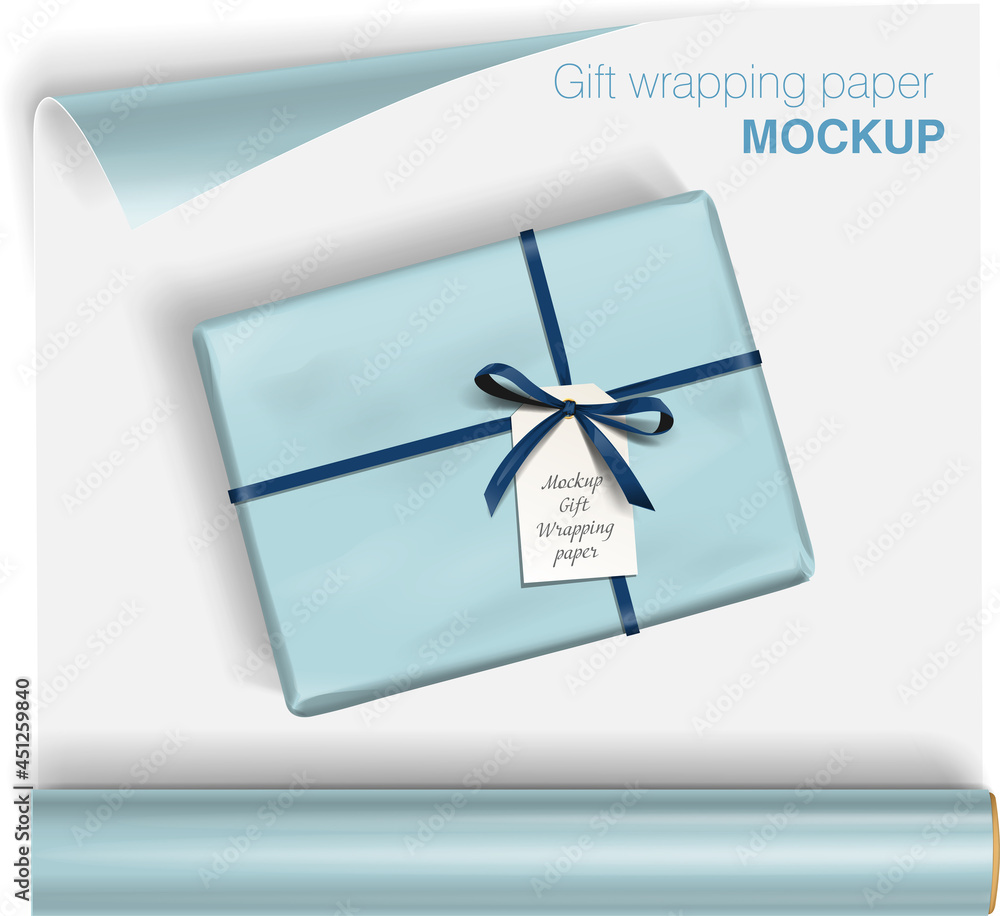 Vector gift wrapping paper rolls mock up and box with bow on light background. Template for your design with transparent shadows - obrazy, fototapety, plakaty 