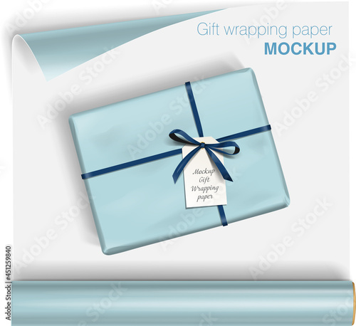 Vector gift wrapping paper rolls mock up and box with bow on light background. Template for your design with transparent shadows