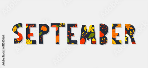 Hand drawn typography lettering phrase Hello, September isolated on the white background with golden wreath. Fun brush ink calligraphy inscription for greeting and invitation card or print design