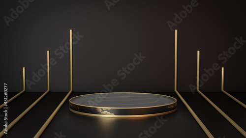 Cosmetic display product stand, Marble black gold cylinder podium with metal line on black background. 3D rendering illustration