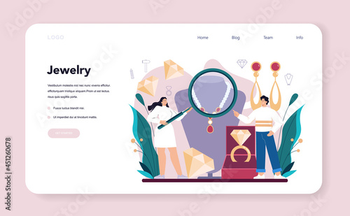 Jeweler web banner or landing page. Goldsmith examining