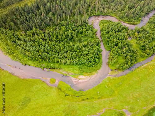 Winding section of the Ursul River, Altai Mountains. On one side there is a green field, on the other - a forest. Aerial view