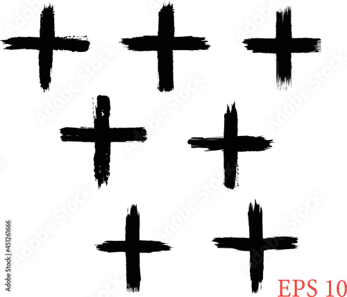 Plus signs in grunge style - different crosses. Plus black isolated on transparent background, vector illustration, black paint brush stroke