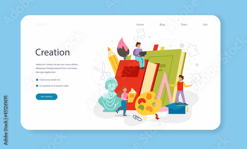Art school education web banner or landing page. Student holding