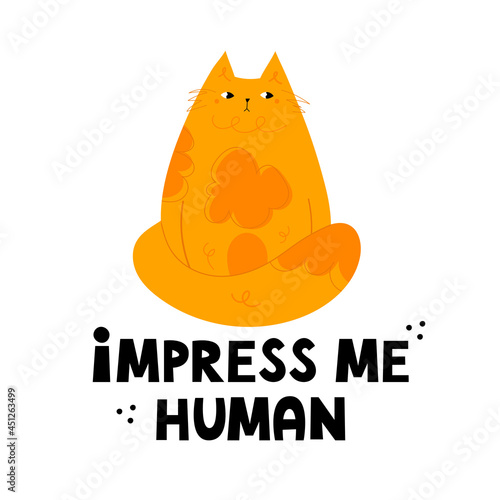 Impress me human. Cute, fat hand drawn cat character. Handwritten lettering. Funny, naughty kitten. Cartoon style flat vector illustration. Design for poster, t shirt, prints, cards, stickers..