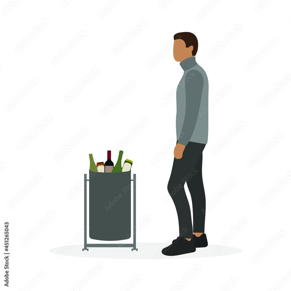 A male character stands near a trash can full of bottles on a white background A male character stands near a trash can full of bottles on a white background