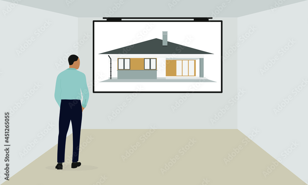 Male character in business attire looking at a screen with a picture of a house Male character in business attire looking at a screen with a picture of a house
