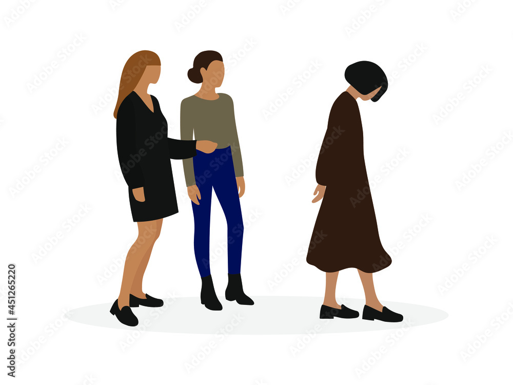 Fototapeta premium Two female characters look at the leaving sad female character on a white background