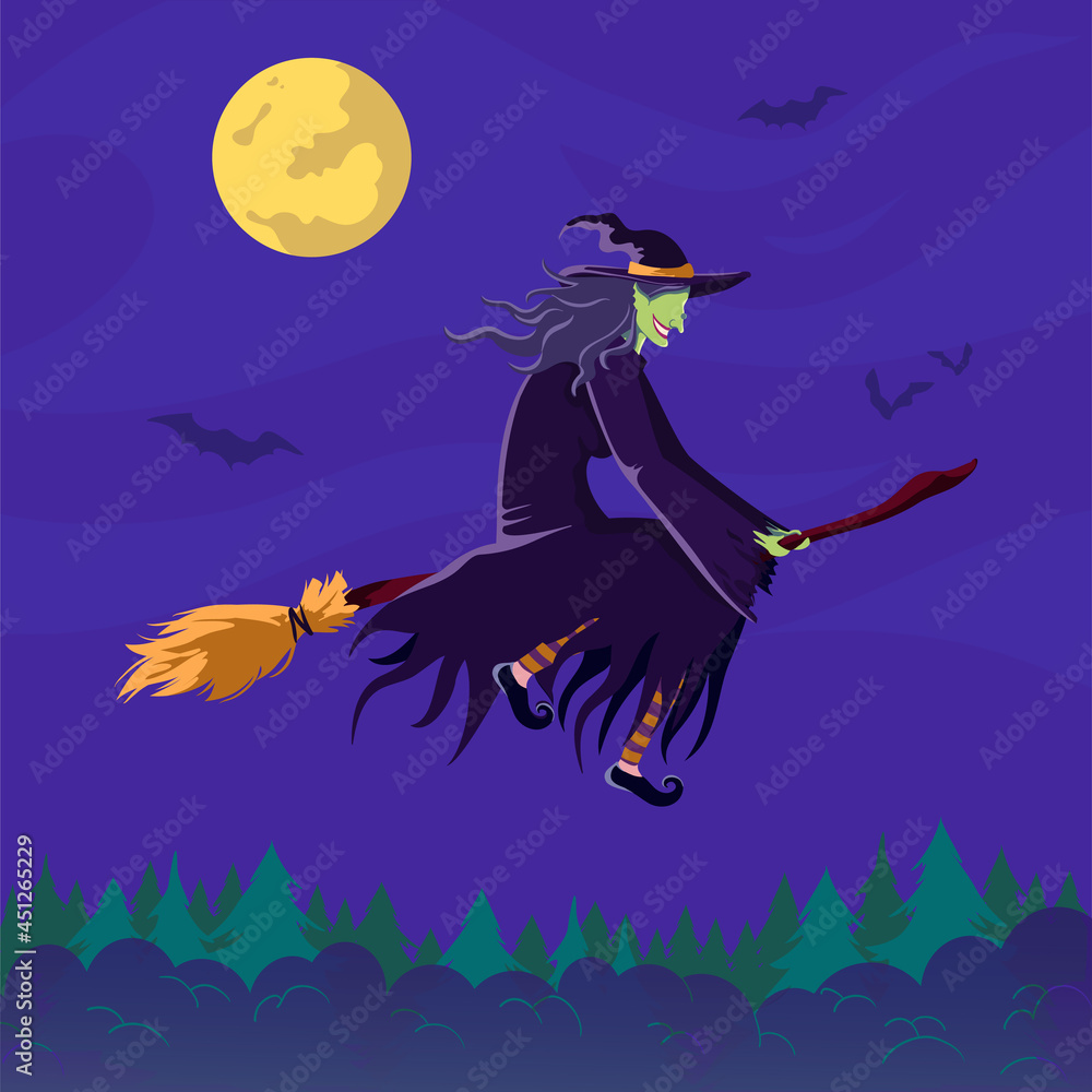 Witch flying on a broom over the forest at night. Halloween poster ...