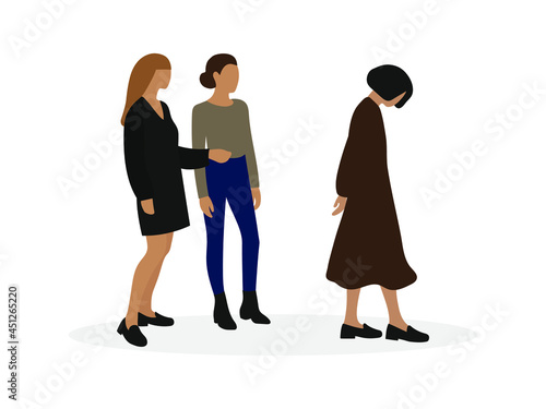 Two female characters look at the leaving sad female character on a white background