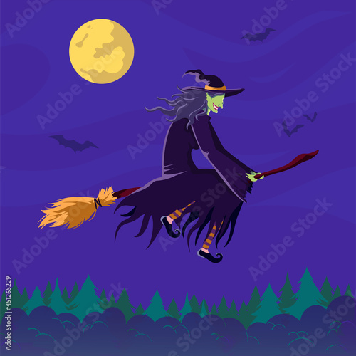  Witch flying on a broom over the forest at night. Halloween poster, banner, card. Full moon. Dark background. Cartoon vector illustration.