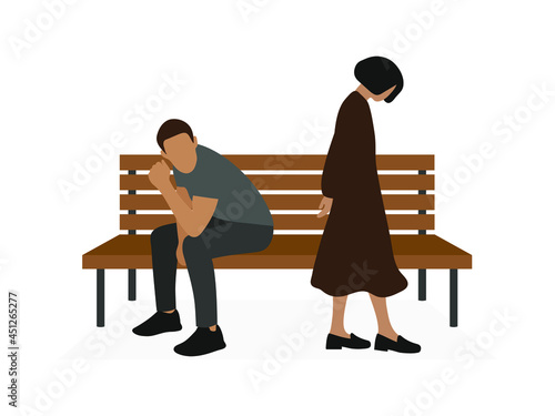 A male character is sitting on a bench and a female character is walking side by side on a white background