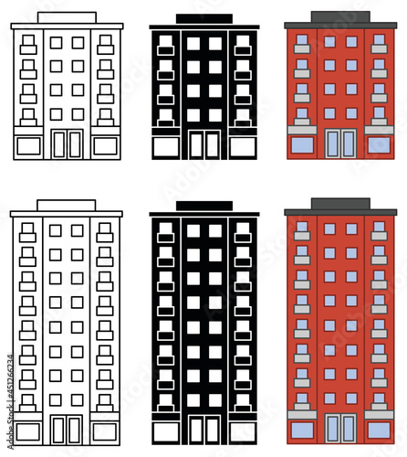 Apartment Building Highrise Clipart Set - Outline and Silhouette