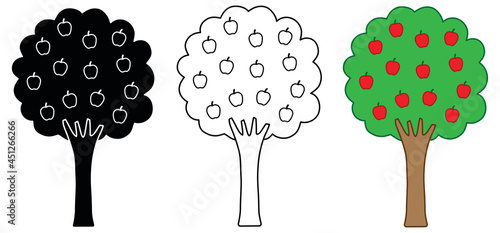 Apple Tree Clipart Set - Outline, Colored and Silhouette