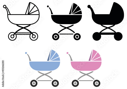 Retro Baby Carriage / Stroller Clipart Set - Outline, Silhouette and color