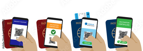Set of hand holding smartphone with vaccination certificate.Qr code.Covid 19 passport.Vector immunity passport .Vaccine or immune passport.