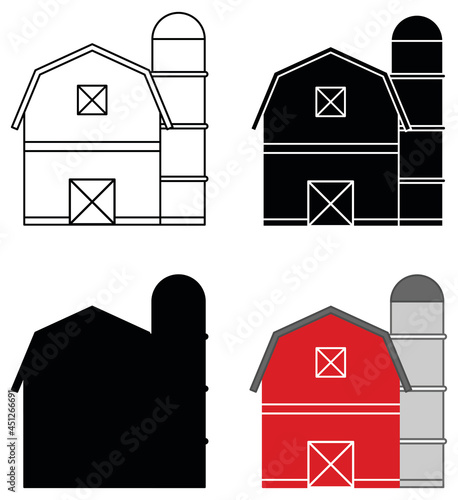 Barn and Silo Clipart Set - Outline and Silhouette Graphic
