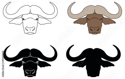 African Buffalo Head and Horns Clipart Set - Outline, Silhouette and Color